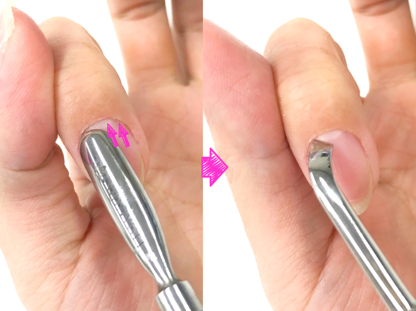 メタルプッシャーで甘皮を押し上げルーススキンを除去